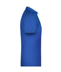 A blue men's polo shirt viewed from the side, featuring a collar and a branding logo.