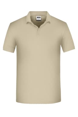 A beige men's polo shirt with a classic design and a collar, featuring a logo on the label.