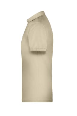 A beige men's polo shirt with a collar, featuring short sleeves and a logo on the side.