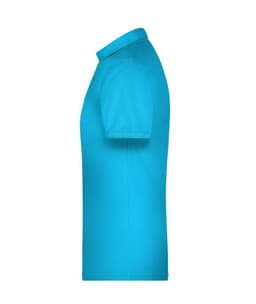 A bright turquoise men's work polo shirt displayed from the side, featuring a collar and short sleeves.