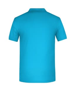 A men's polo shirt in a bright blue colour, featuring a logo on the back. Suitable for workwear.