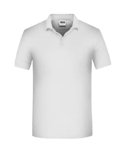 A white men's polo shirt with a three-button placket and a collar, featuring a logo.