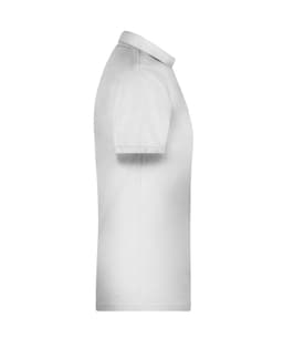 A white men's polo shirt with a collar, featuring a side view and a small branding logo.