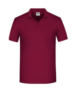 A burgundy polo shirt with a classic collar and short sleeves, featuring a logo on the chest.