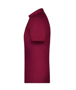 A maroon men's polo shirt with short sleeves and a collar, featuring a logo.