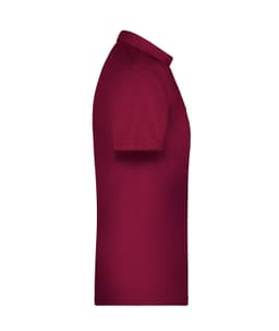 A burgundy men's work polo shirt, featuring short sleeves and a classic collar, with a logo on the chest.