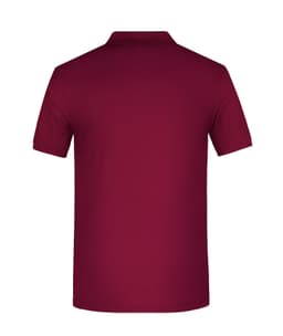 A maroon polo shirt featuring a collar and short sleeves. The back view shows a plain design with a logo.