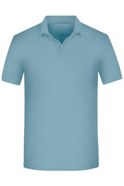 A light blue polo shirt with a collar and short sleeves, featuring a logo.