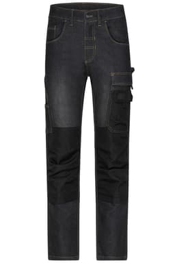 Stretch jeans in dark denim with contrasting black panels and multiple pockets, featuring a logo on the waistband.