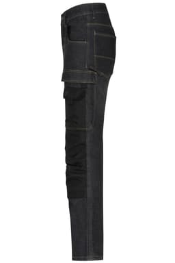 A pair of black stretch jeans featuring cargo pockets and a slim fit design. The jeans have a side profile view.