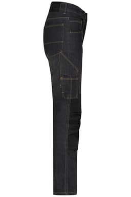 A pair of black and dark denim stretch jeans, featuring pockets and a slim fit design.