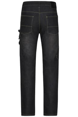 Stretch jeans in dark denim with multiple pockets and a logo, viewed from the back.