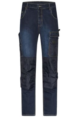 Workwear stretch-jeans in dark blue denim with black panels and multiple pockets. Features a logo on the waistband.
