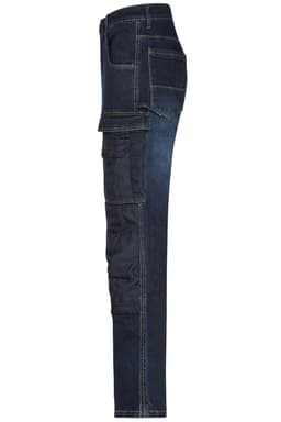 Stretch jeans in dark blue, featuring a fitted design and multiple pockets. Includes a logo on the back.