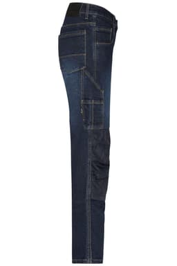A pair of dark blue stretch jeans with multiple pockets and a fitted design. Features branding on the waistband.
