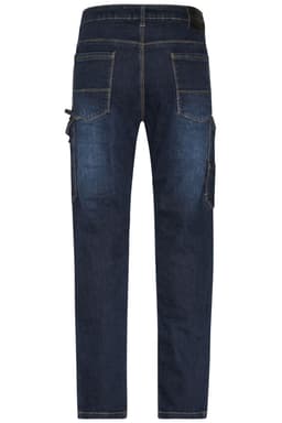 A pair of dark blue stretch jeans with multiple pockets and a logo on the waistband.
