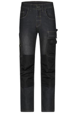 Workwear Stretch-Jeans in dark denim with black panels, featuring multiple pockets and a branded logo.