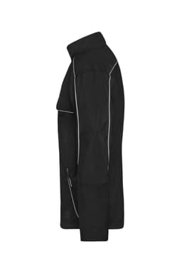 A black softshell light jacket with contrasting trim, featuring a collared neck and multiple pockets.