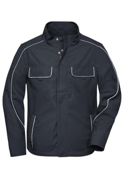 A dark grey softshell light jacket with white piping, featuring multiple pockets and a collar. It has a logo on it.