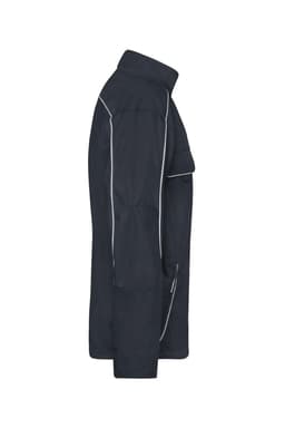 A side view of a navy workwear softshell light jacket with white piping and multiple pockets. It features a logo.