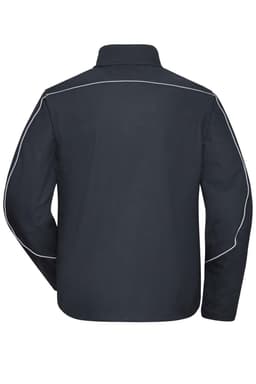 A black softshell light jacket with white piping, featuring a collar and long sleeves, and has a logo.