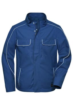 A blue softshell light jacket with a zip front, two chest pockets, and white piping details. It features a logo.