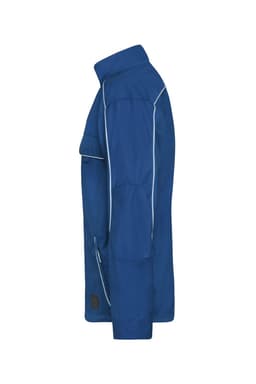 A blue softshell light jacket featuring a zippered front and a side pocket, with a logo on the fabric.
