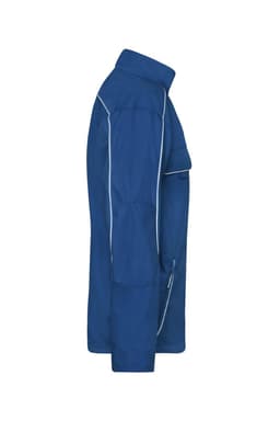 A blue softshell light jacket featuring side pockets and contrasting trim, with a logo on the chest area.