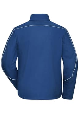 A navy blue workwear softshell light jacket with contrasting piping, featuring a collar and long sleeves.