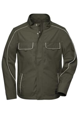 A light jacket in olive green with white piping, featuring multiple pockets and a logo on the chest.