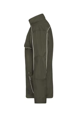 A light jacket in olive green with contrasting piping, featuring a zippered pocket and logo branding.