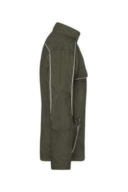A workwear softshell light jacket in olive green with contrasting white piping and a side pocket. It has a logo on the front.
