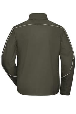 A lightweight softshell jacket in olive green with white piping and a branding logo on the back.