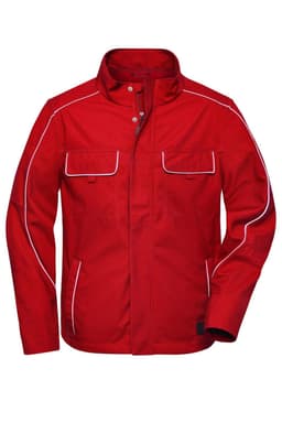 A red softshell light jacket with white piping and multiple pockets. It features a collar and a logo.