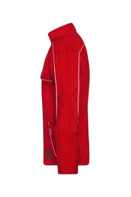 A red softshell light jacket featuring a side view, with contrasting piping and a branding logo.