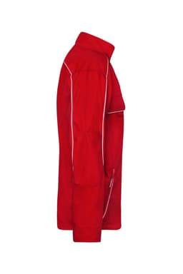 A red softshell light jacket with a side view, featuring white piping and a logo.