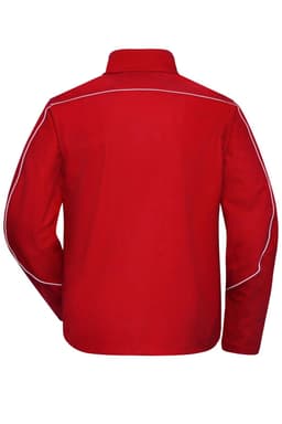 A red softshell light jacket featuring a simple design with white piping along the seams and a collar.