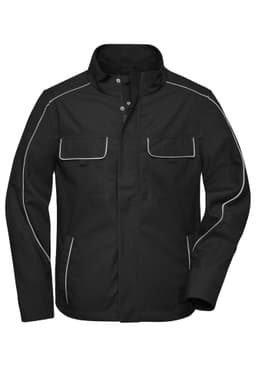 A black softshell light jacket featuring white trim and multiple pockets, with a logo on the front.