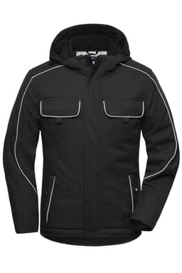 A black padded softshell jacket with a hood, featuring white piping and multiple pockets. The jacket includes a logo.