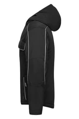 A black softshell padded jacket with a hood and side zip pockets. Features a logo and contrasting stitching.