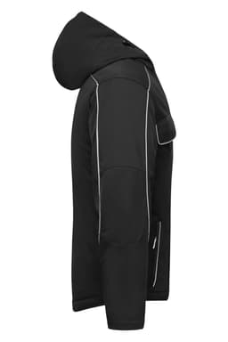 A black softshell padded jacket with a hood, featuring contrast piping and a side pocket.