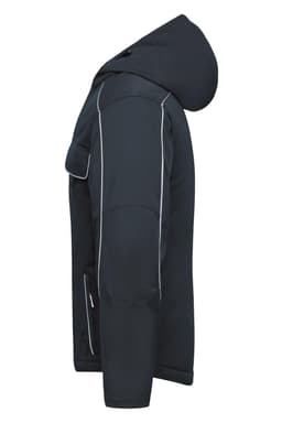 A black softshell padded jacket with a hood, featuring contrasting grey stitching and a logo.