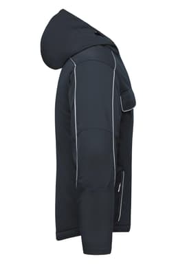 A padded softshell jacket in black, featuring a hood and contrasting stitching, with one visible logo.