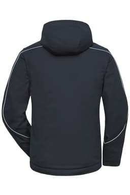 A padded workwear jacket in dark grey with a hood and reflective detailing on the sides. Features branding.