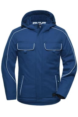 A padded work jacket in navy blue with a hood, featuring multiple pockets and contrast white piping.