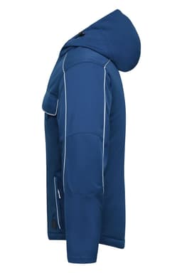 A blue softshell padded jacket with a hood, featuring side pockets and contrasting piping. It has a logo on it.