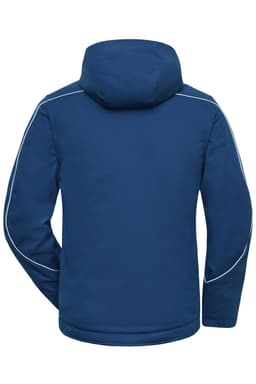 A blue softshell padded jacket with a hood and reflective piping on the shoulders, featuring a logo.