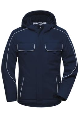 A navy softshell padded jacket featuring a hood and multiple pockets, with contrasting white piping details.