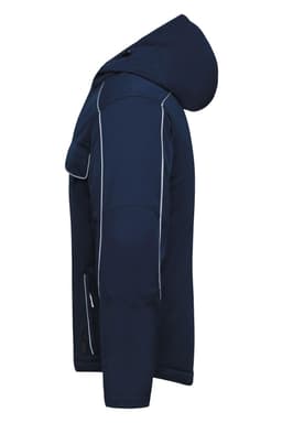 A padded jacket in navy blue with a hood and contrasting white stitching, featuring a side view and a logo.