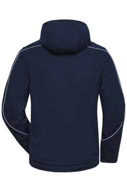 A padded softshell jacket in navy blue, featuring a hood and contrasting piping. It includes a logo.
